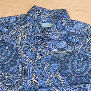 ATESETA Paisley Button Up Shirt Mens 45 Blue Long Sleeve Cotton Italian Style